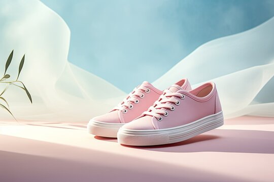 Stylish pink sneakers on pastel backdrop. Contemporary fashion trend. Concept of colorful footwear collection.
