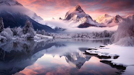 sunrise over a snowy river winter landscape