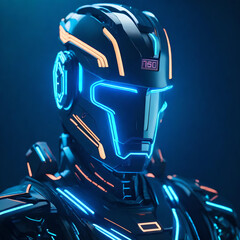 Robot on 3d caracter navy blue with light blue neon light with lightning logo futuristic