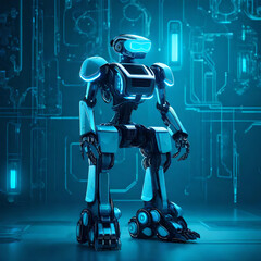 Robot on 3d caracter navy blue with light blue neon light with lightning logo futuristic