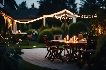 A summer evening on the patio of a beautiful suburban house with lights in the garden - obrazy, fototapety, plakaty