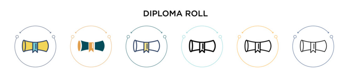 Diploma roll icon in filled, thin line, outline and stroke style. Vector illustration of two colored and black diploma roll vector icons designs can be used for mobile, ui, web - obrazy, fototapety, plakaty