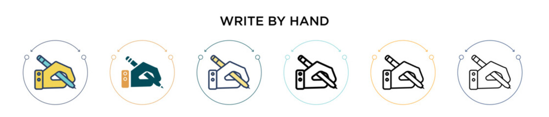 Write by hand icon in filled, thin line, outline and stroke style. Vector illustration of two colored and black write by hand vector icons designs can be used for mobile, ui, web