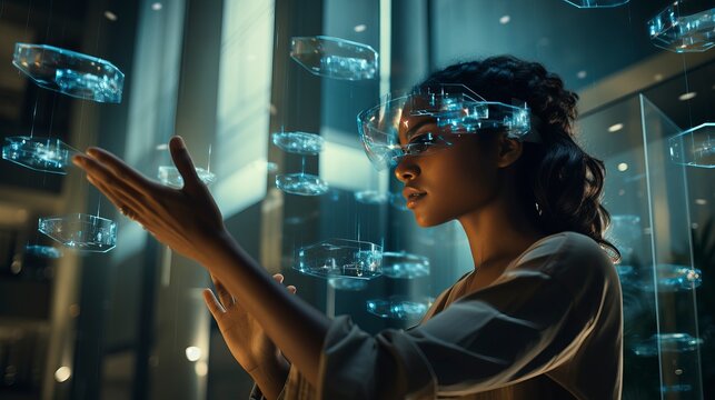 Individuals wearing VR glasses for work and entertainment, seamlessly blending technology into daily life. 'generative AI' 