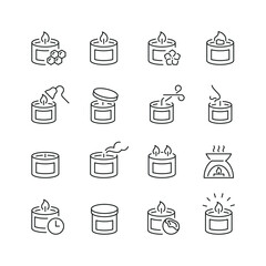 Vector line set of icons related with candle. Contains monochrome icons like flame, wax, scent, glass and more. Simple outline sign.