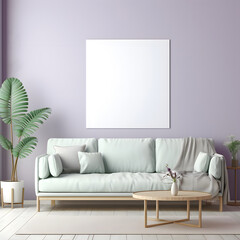 Mock up poster frame with sofa in interior living room and purple wall