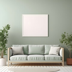 Mock up poster frame with sofa in interior living room and green  wall