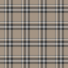 Plaid Tartan Seamless Pattern Background In Beige White Black. Checkered fabric texture for flannel shirt, skirt, blanket, throw.

