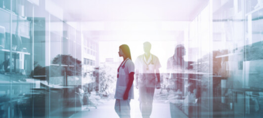 Doctors and nurse people in hospital background, Concept of Medical technology service, Healthcare professional team, laboratory research, and development, image double exposure, blurred
