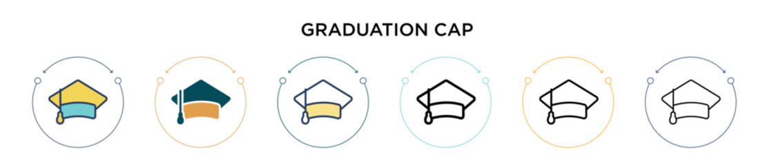 Graduation cap icon in filled, thin line, outline and stroke style. Vector illustration of two colored and black graduation cap vector icons designs can be used for mobile, ui, web