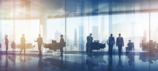 Silhouettes of business people communicating and walking over in white glass office background modern cityscape background. Business lifestyle, Toned image double exposure, blurred