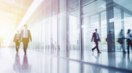 Silhouettes of business people communicating and walking over in white glass office background modern cityscape background. Business lifestyle, Toned image double exposure, blurred