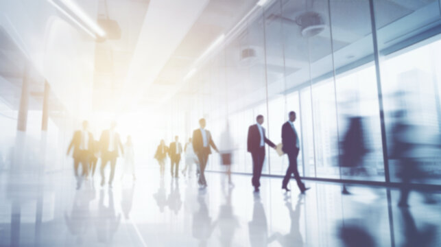 Silhouettes of business people communicating and walking over in white glass office background modern cityscape background. Business lifestyle, Toned image double exposure, blurred