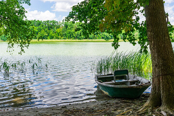 The rowing fishing boat in the foreground moored under a chestnut tree on the shore.