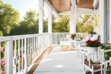 Bright and airy exterior with modern white wooden style balcony, verandah and porch.