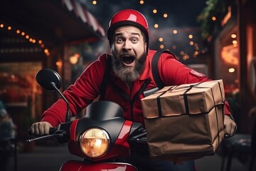 A food delivery motor scooter driver with a red backpack, Generative Ai