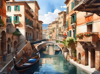 Naklejka premium Riverside Serenity: Exploring Life, Culture, and Waterways in Tranquil Travels Watercolor painting.