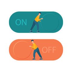 Business activities and starting or canceling a project. Symbol of management, success, leadership. The guy pushes the button. Vector flat style illustration.
