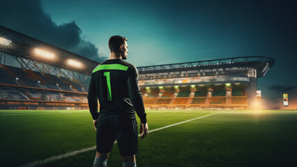 Rear view football player or soccer fan with hands raised for cheering football team in stadium, Football Match Championship, world cup, Raising Hands to cheer. Professional Footballer, Generative AI