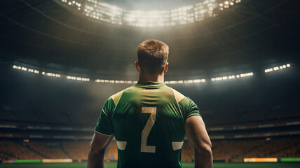 Rear view football player or soccer fan with hands raised for cheering football team in stadium, Football Match Championship, world cup, Raising Hands to cheer. Professional Footballer, Generative AI