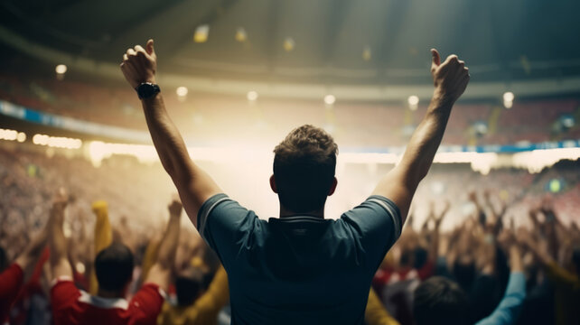 Rear view football player or soccer fan with hands raised for cheering football team in stadium,  Football Match Championship, world cup, Raising Hands to cheer. Professional Footballer, Generative AI