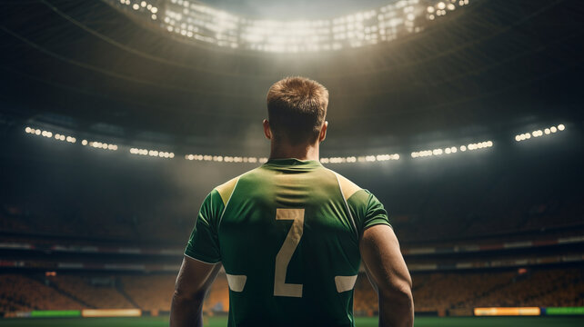 Rear view football player or soccer fan with hands raised for cheering football team in stadium,  Football Match Championship, world cup, Raising Hands to cheer. Professional Footballer, Generative AI