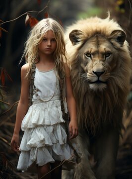 A young woman is pictured with a majestic lion by her side
