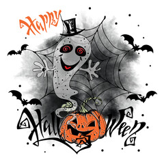 Halloween greeting card. A ghost with a pumpkin and bats. Vector