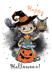 A cute little witch with an owl and pumpkins. Halloween. Vector