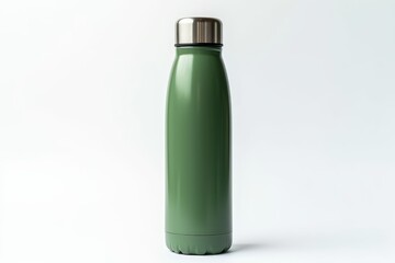 Green stainless steel thermos bottle on white background
