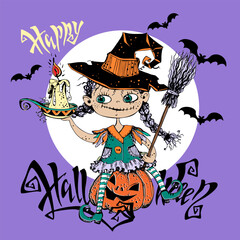 Cute little witch with pumpkins and bats. Halloween. Vector