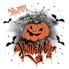 A Halloween greeting card. Pumpkin with cobwebs and bats. Vector