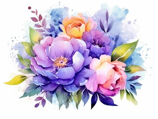 Watercolor illustration of colorful flowers. Generative AI