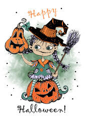 Cute little witch with pumpkins. Halloween. Vector