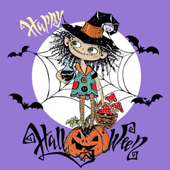 Cute little witch with pumpkins, potion and toadstools. Halloween. Vector