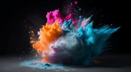 An explosion of bright multi-colored powder on a black background, created with Generative AI technology.