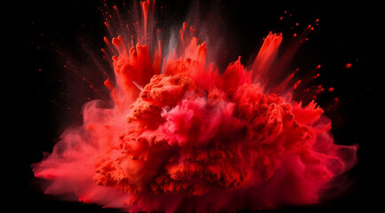 An explosion of bright red powder on a black background, created with Generative AI technology.