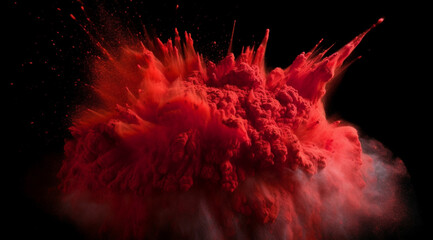 An explosion of bright red powder on a black background, created with Generative AI technology.