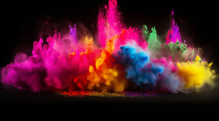 Fototapeta na wymiar An explosion of bright multi-colored powder on a black background, created with Generative AI technology.
