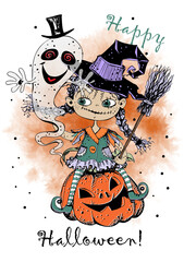 A cute little witch with a pumpkin and a ghost. Halloween. Vector