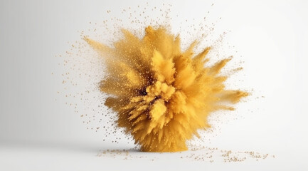 An explosion of bright yellow powder on a white background, created with Generative AI technology.