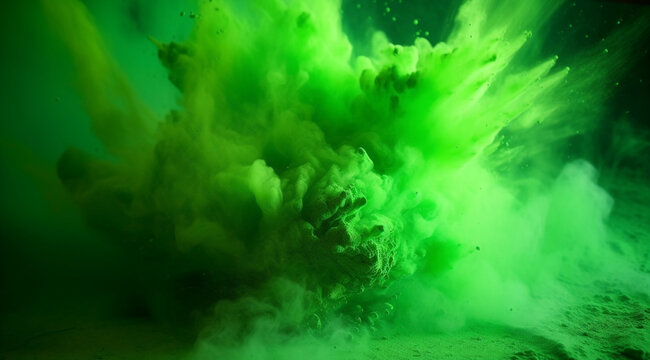 An explosion of bright green powder on a black background, created using Generative AI technology.