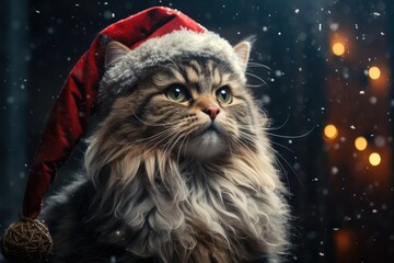 fluffy cat dressed as Santa Claus, sitting on a windowsill adorned