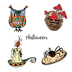 Decorative elements for Halloween. A candle and again, a basket of toadstools and cookies. Vector