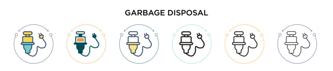 Garbage disposal icon in filled, thin line, outline and stroke style. Vector illustration of two colored and black garbage disposal vector icons designs can be used for mobile, ui, web