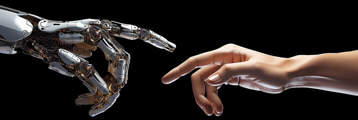 Robot and human hands reaching out to each other.