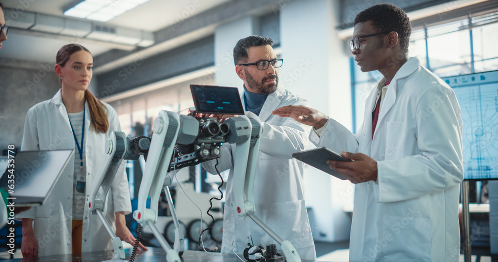 Poster Diverse Team of Industrial Robotics Specialists Working on a Mobile Robot. Young Engineers In Lab Coats Discussing an Automated AI Robotic Dog with Their Project Supervisor, Using Digital Tablet
