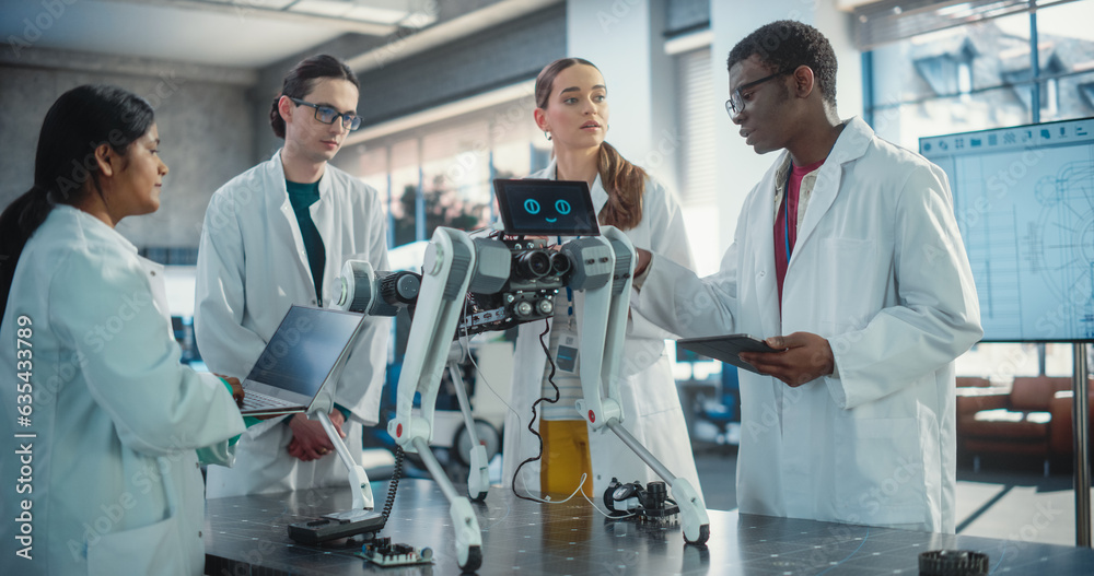 Poster Diverse Team of Industrial Robotics Specialists Gathered Around a Table With a Mobile Robot. Engineers In Lab Coats Discussing an Automated AI Robotic Dog, Using Laptop and Tablet Computer.