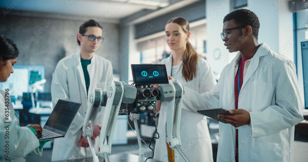 Aufkleber Diverse Team of Industrial Robotics Specialists Gathered Around a Table With Mobile Robot. Engineers In Lab Coats Discussing an Automated AI Robotic Dog, Using Laptop and Tablet and Brainstorming.