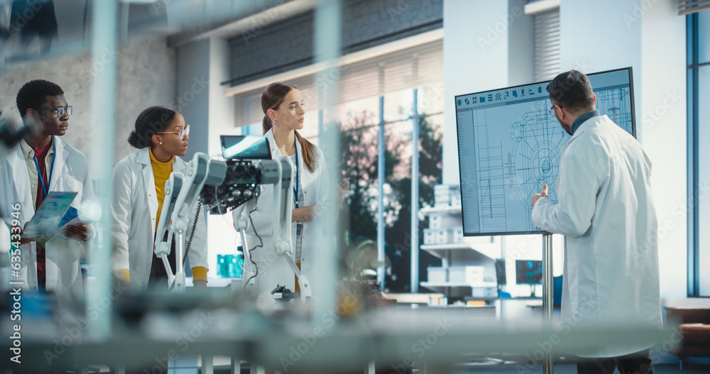 Poster Diverse Team of Males and Females Discussing Ideas in Technological Startup Lab. Group of International Students Listening to Their Robotics Professor While He Explains AI Robot Prototype Blueprints